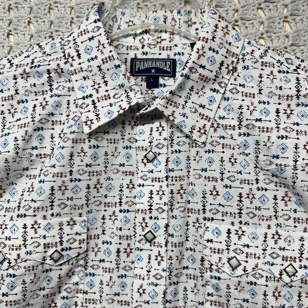 Panhandle Shirt Mens Sz L White Brown Blue Aztec Western Cowboy Snap Long Sleeve
